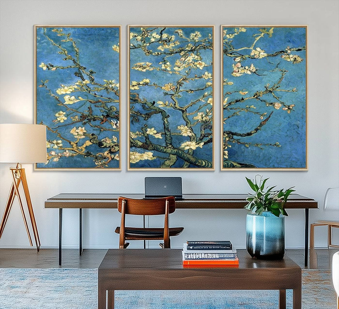 A Van Goghs Almond Blossom canvas print adds a touch of elegance to the wall.