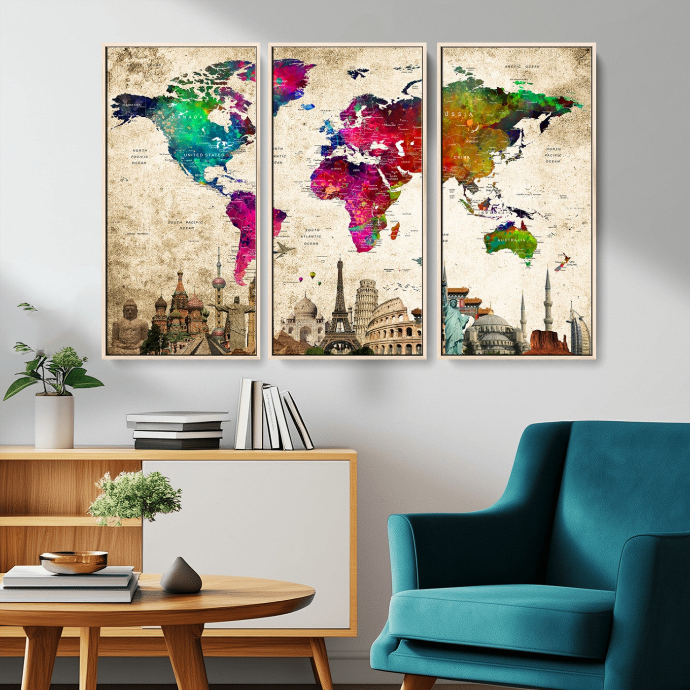 MGV-FC-48X32-3P - Push Pin World Map Canvas Print – Framed Wall Art for Couples to Track Their Travels – Anniversary