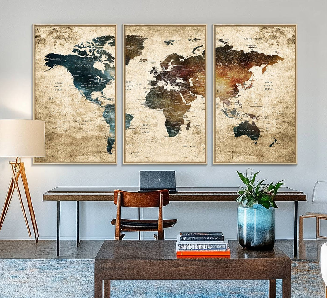 Vintage World Map Canvas Wall Art, perfect for antique-style decor, displayed against a light wood wall.