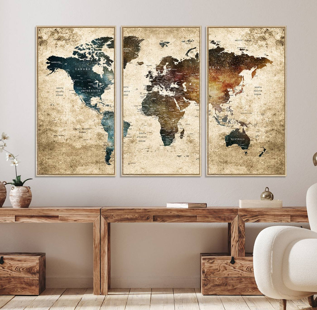 Grunge World Map Canvas featuring earth-toned continents, suitable for study, office, or living room.