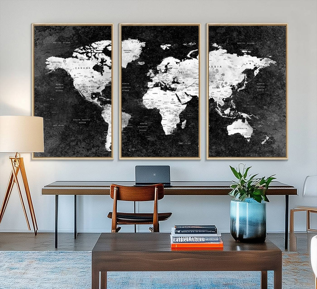 The dining room features a Modern Grayscale World Map 3-Panel Canvas Art as its focal point.