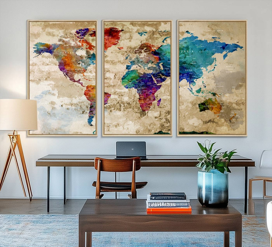 An Abstract Large Watercolor World Map Canvas Print hangs prominently.