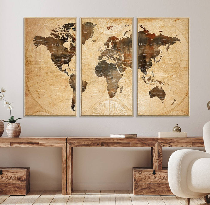 Vintage World Map: 3-Panel Canvas Print in antique rustic style. Framed and gallery wrapped. Ideal for decor.