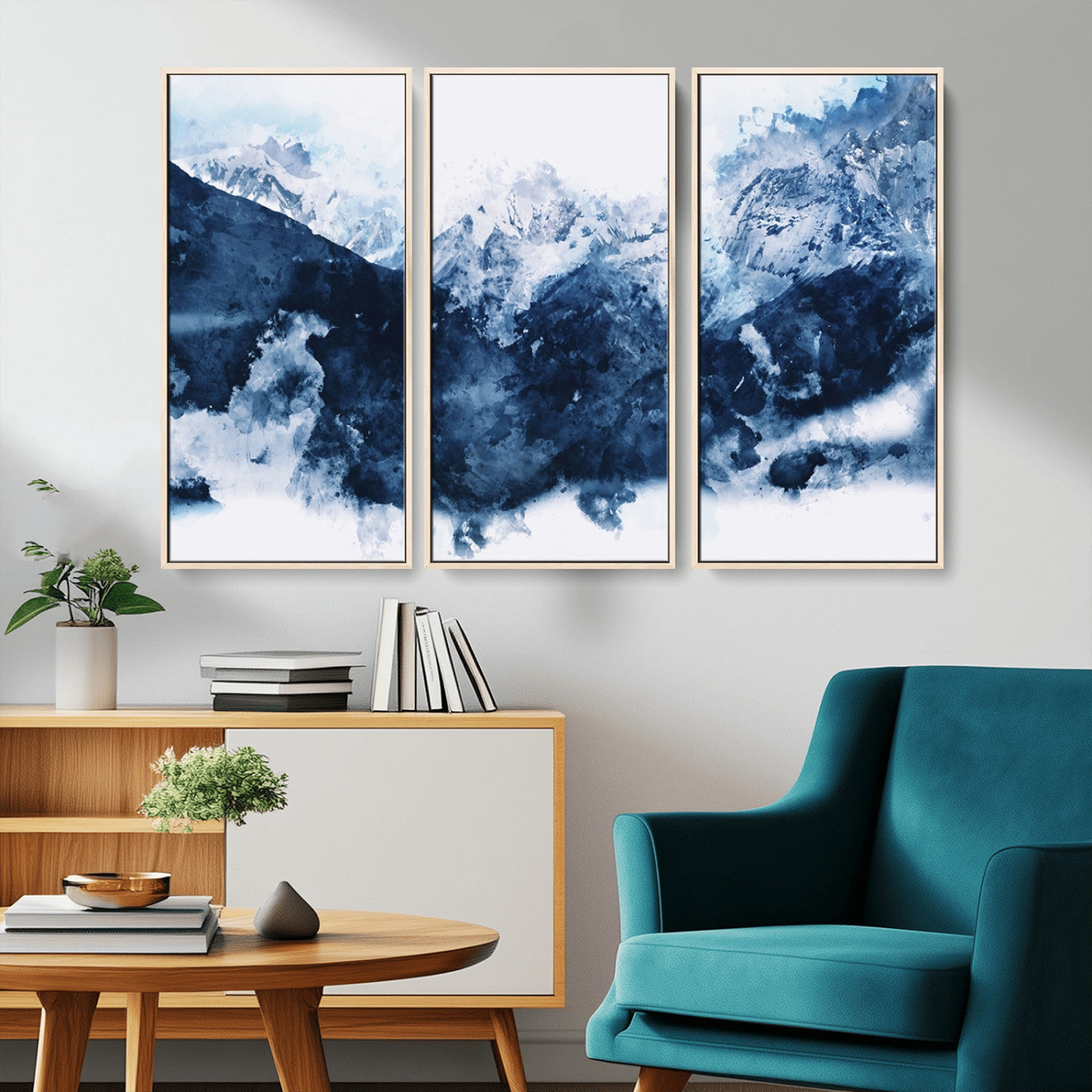 MGV-FC-48X32-3P - Abstract Blue Mountain Canvas Wall Art – Modern Triptych Landscape Print – Contemporary Nature Decor