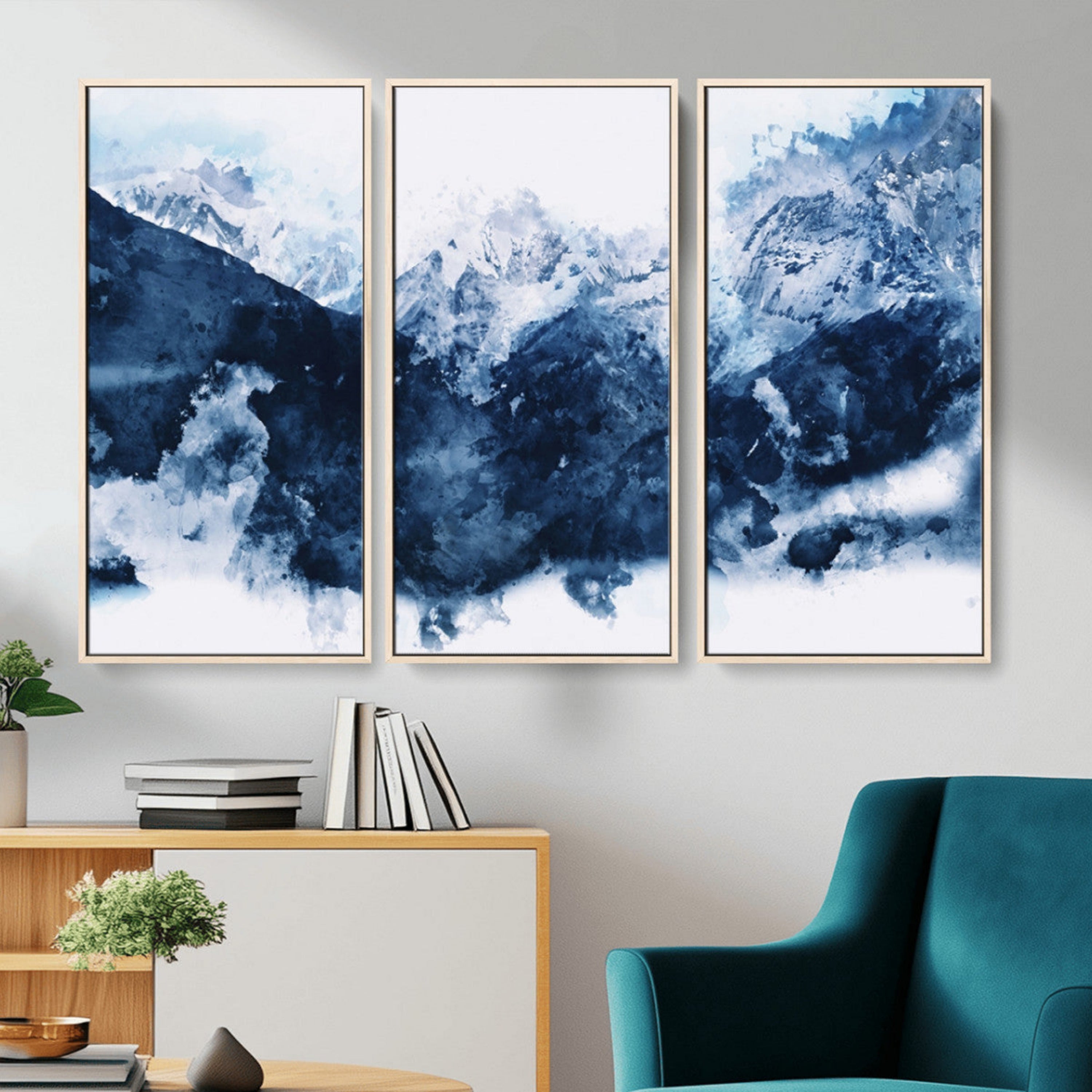 81700-MGV-CV-36X24-Abstract Blue Mountain Canvas Wall Art – Modern Triptych Landscape Print – Contemporary Nature Decor for Living Room or Office – Ready to