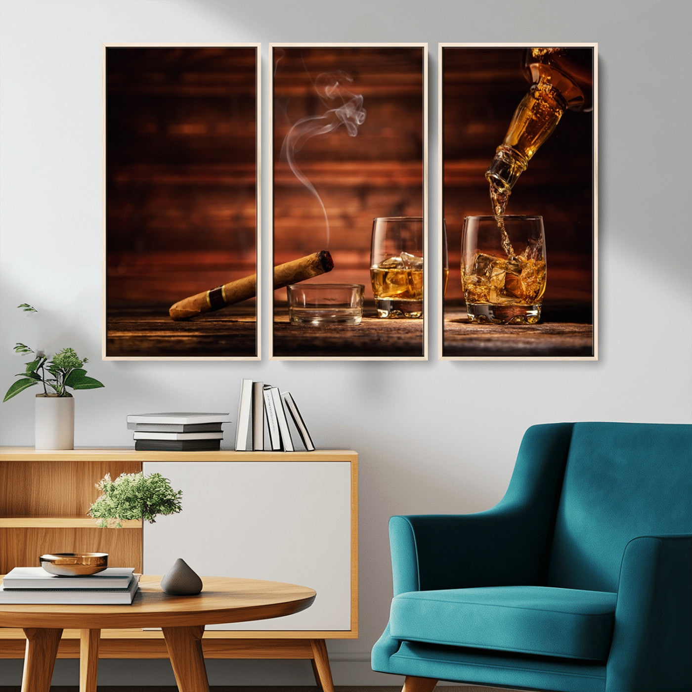 MGV-FC-48X32-3P - Whiskey and Cigar Wall Art Canvas | 3 Panel Bar Room Decor for Home Lounge, Office, or Man Cave |