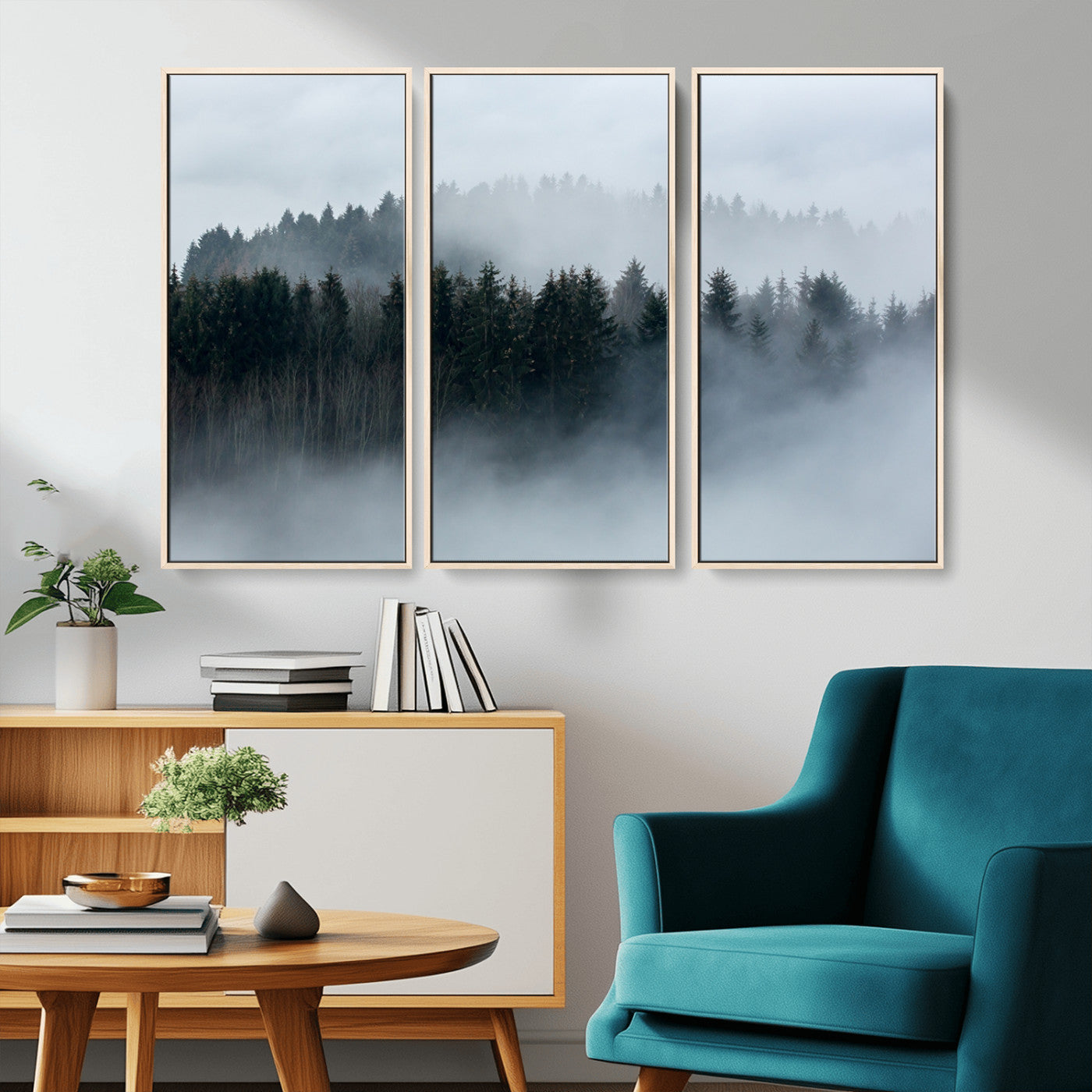 MGV-FC-48X32-3P - Autumn and Misty Trees in the Forest Wall Art Canvas Print, Foggy Forest Mountain Wall Art Canvas