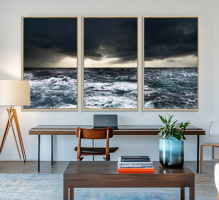 A Dark Clouds Stormy Sea canvas print, ready to hang, enhances the room.