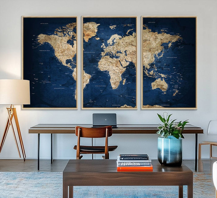 Classic Vintage Blue World Map Canvas Print featuring beige continents against a deep blue background.