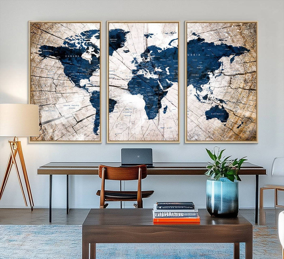 The Vintage World Map on Grunge Background Canvas serves as the focal point of the room.