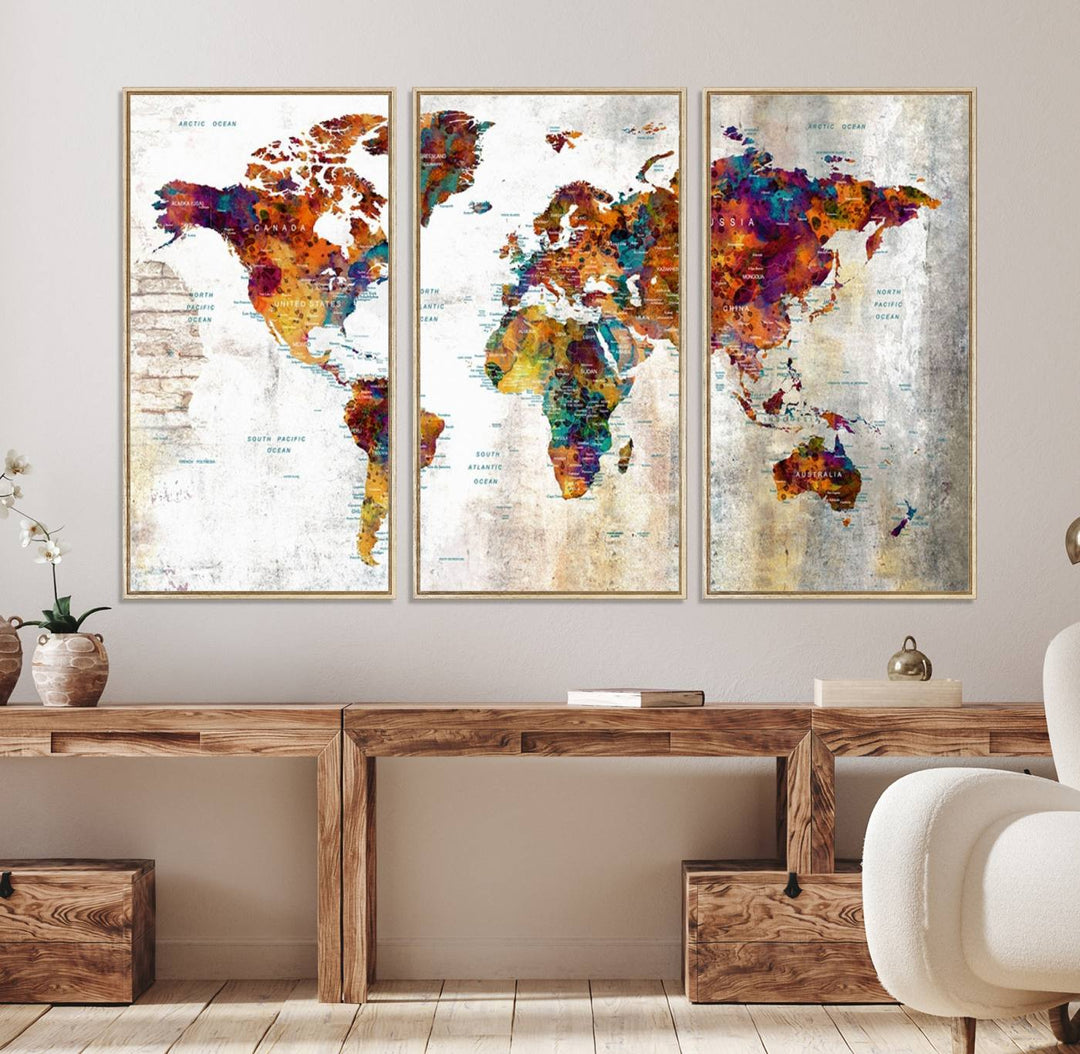 A vibrant Grunge Map Canvas Wall Art Set (3 Panels) for home or office decor, perfect for travel enthusiasts.