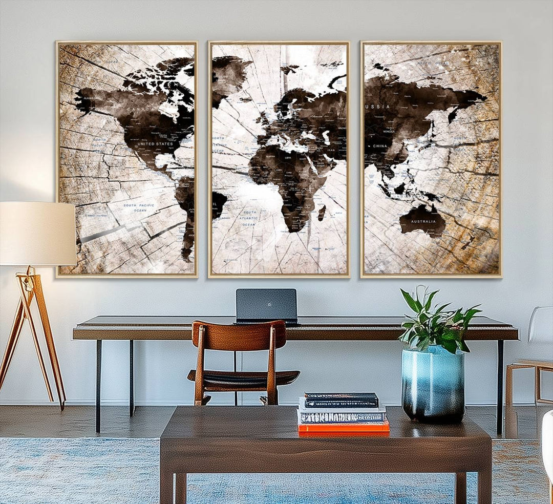 The Tree Ring World Map Canvas hangs above the table, blending into the nature-inspired setting.