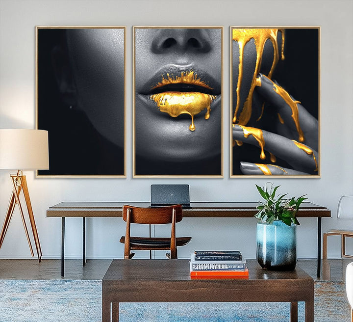 The Gold Lips and Black Woman Makeup Canvas Print features a chic monochrome face design, making it ideal for a modern dining room.