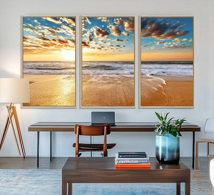 A gallery-wrapped canvas titled Soothing Sunset on Calm Beach is featured.