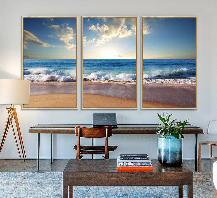 The dining room features a Coastal Tropical Beach Sunset canvas wall art.