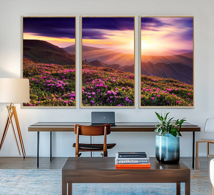 Gallery-wrapped wall art of a stunning mountain sunset and purple flowers.