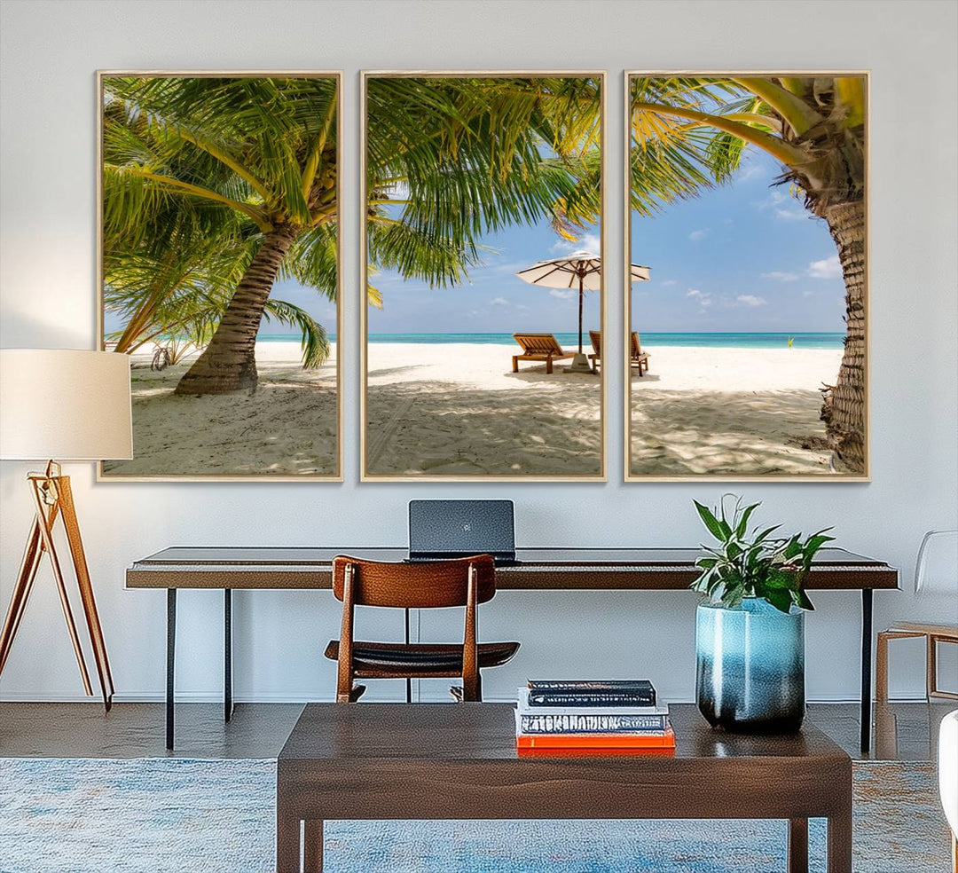 The canvas art print titled Lounge Chairs Palm Trees on Tropical Beach offers free shipping.