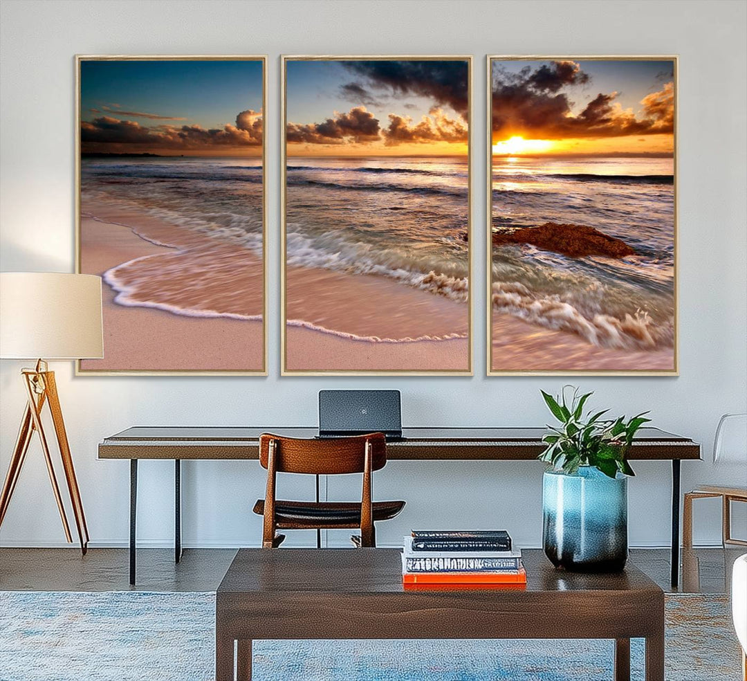 Coastal dining room decor: serene ocean waves triptych canvas.