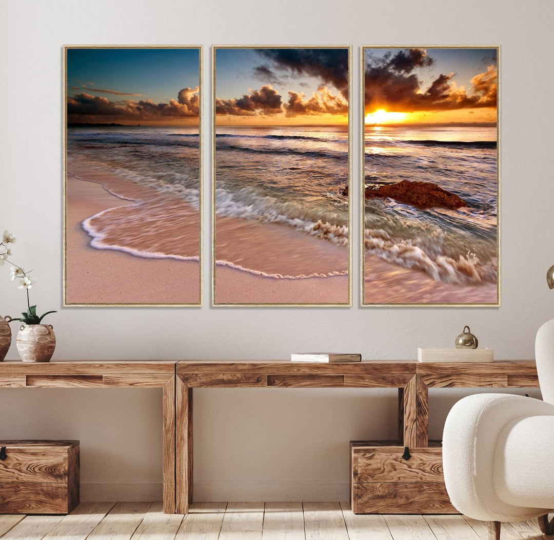 The Sunset on Ocean Wall Art Canvas Print beautifully captures a beach sunset, gentle waves, and a peaceful atmosphere.