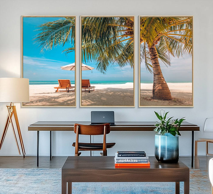 The 3-panel Tropical Beach Wall Art features palm trees and sun loungers, perfect for coastal decor.