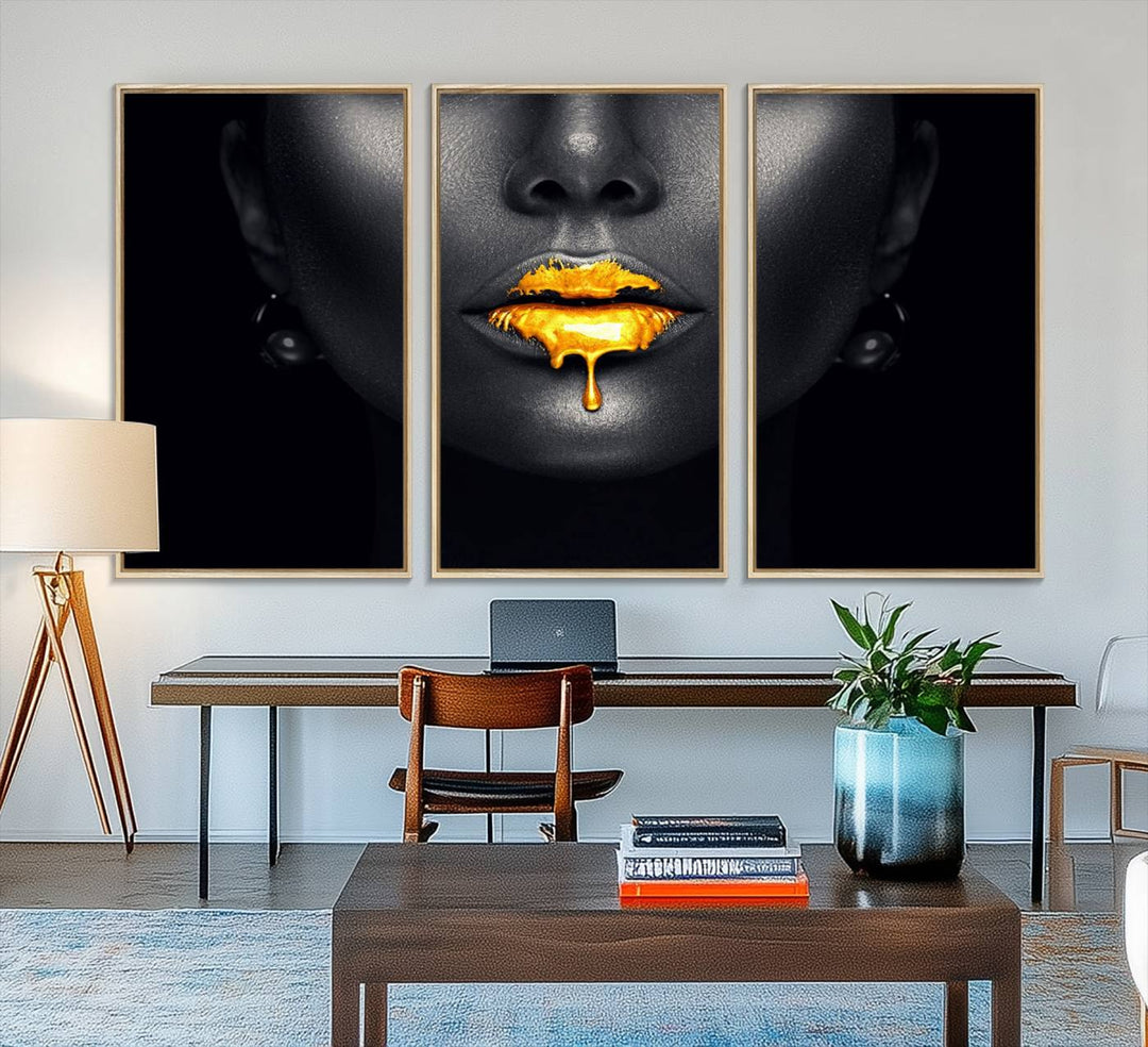 The Honey Gold Lips and Black Woman Photograph canvas print adds a striking touch to the room.