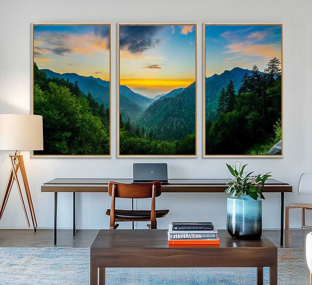 The Glamorous Landscape Canvas Wall Art is featured in the dining room.