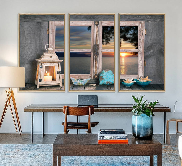 The Astonishing Sunset from the Window canvas print beautifully captures a sea view, accompanied by a lantern and starfish.