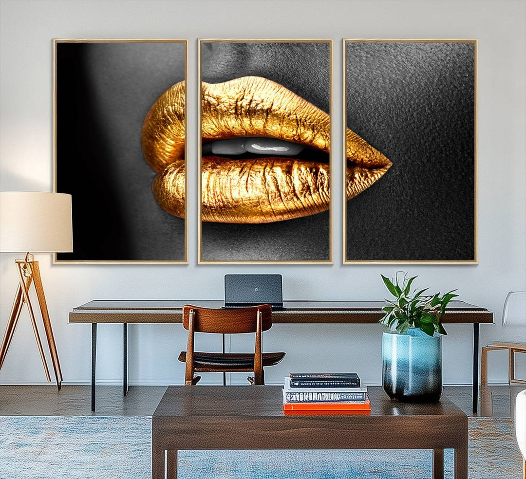 The Gold Lips Canvas Wall Art on a black background is showcased.