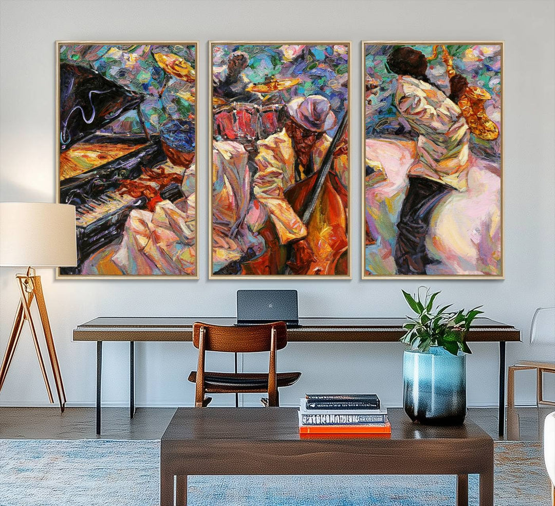 The wall features an African American Jazz Art Music Abstract Painting on Canvas.