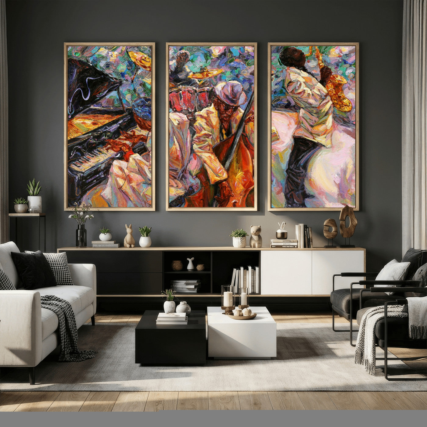 34929-MGV-CV-36X24 - African American Jazz Art Music Abstract Wall Art Painting Canvas Wall Art