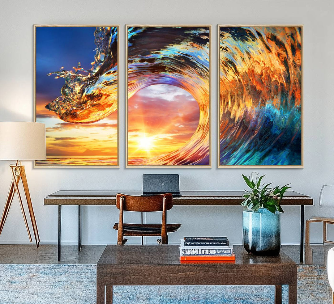 Wave Canvas Wall Art: A multi-panel sunset ocean scene that adds vibrant decor to any space.