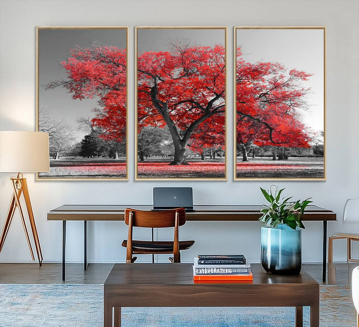 A Red Autumn Tree Canvas Wall Art Print of red leaves.