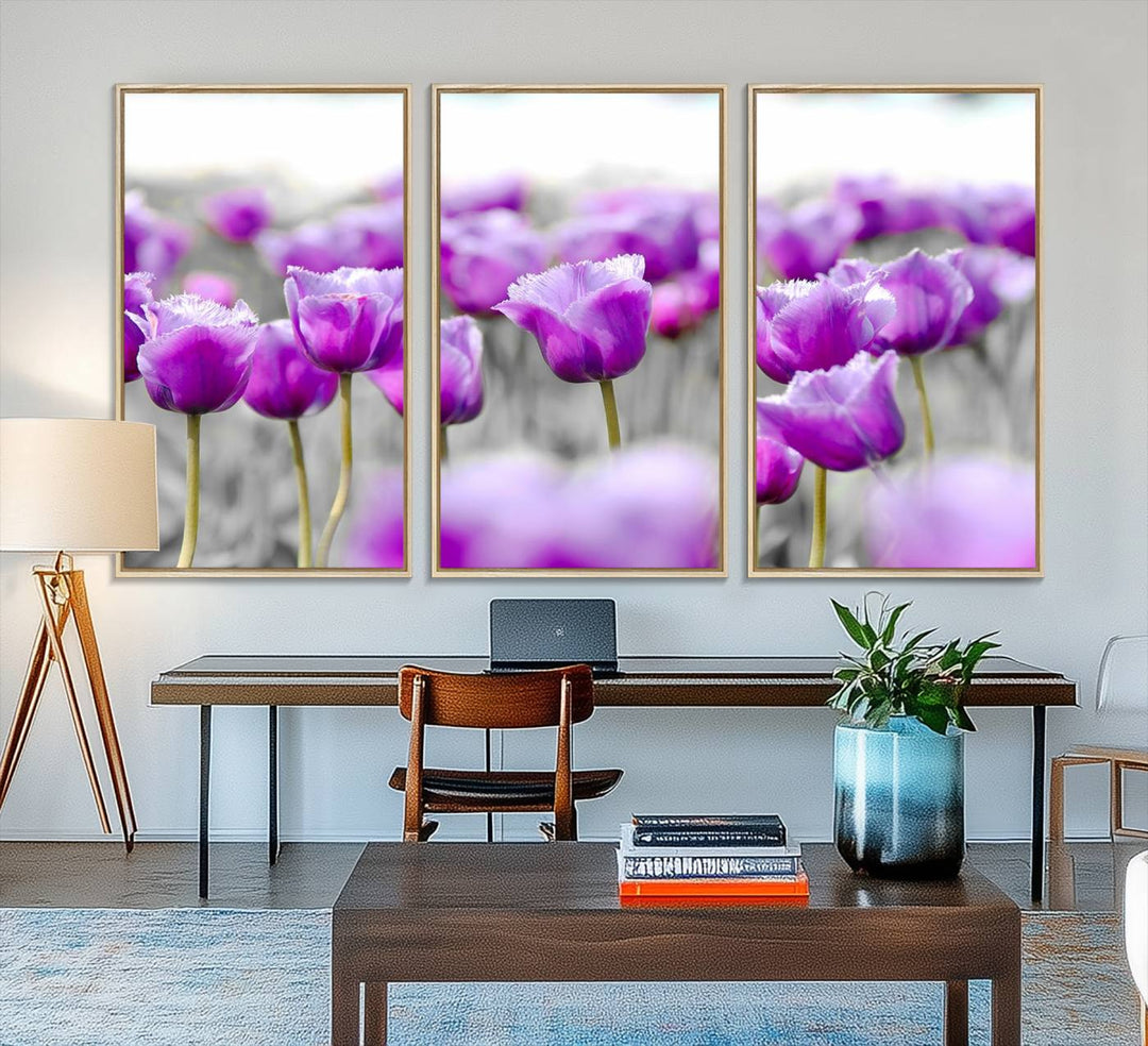 A gallery-wrapped Tulip Fields canvas wall art in a vivid purple hue.