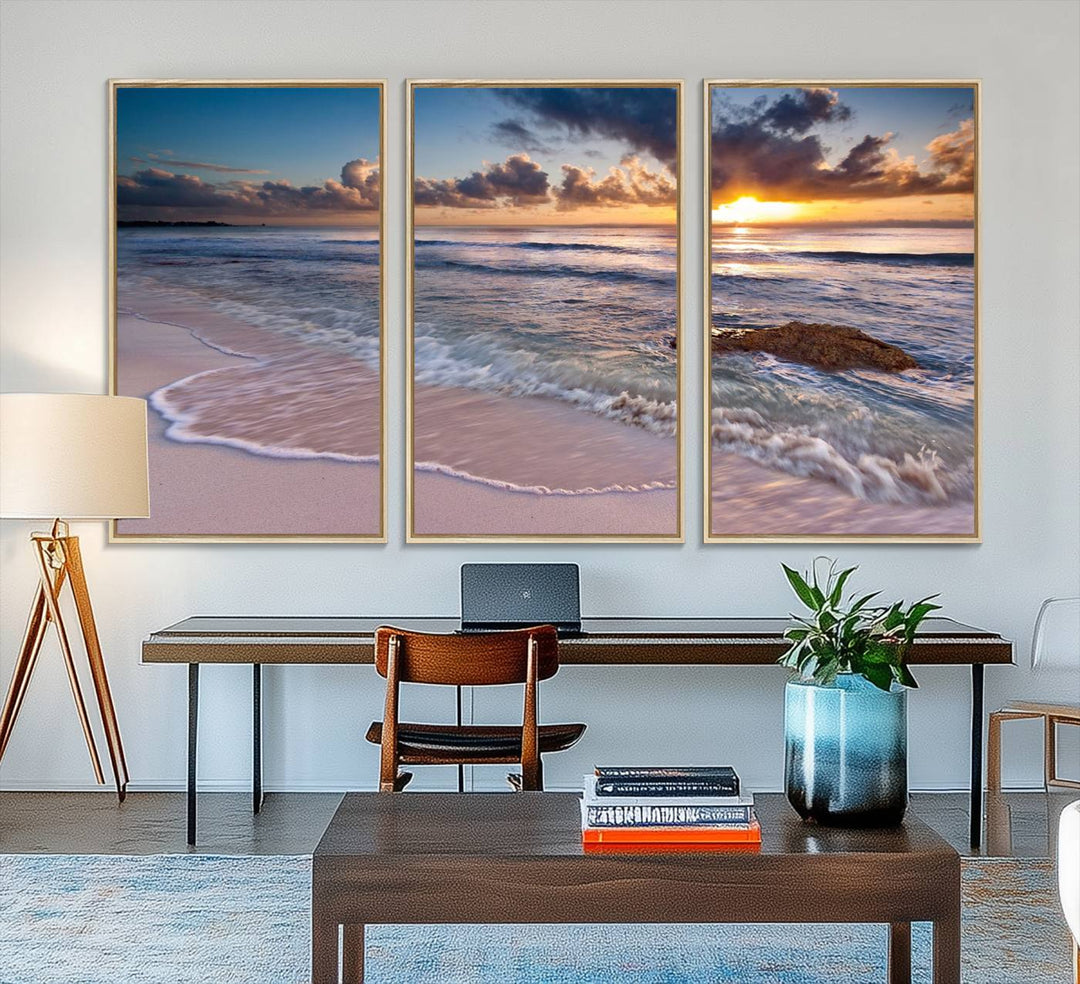 The room features a Sunset Beach Waves Canvas above the counter.