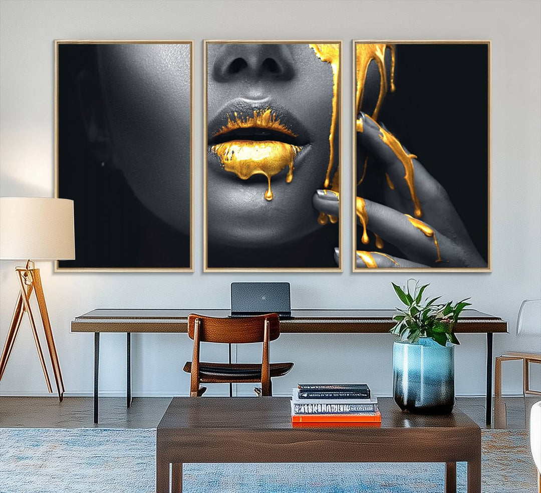 Above the dining area is the Gold Glitter Lips Fashion Makeup canvas wall art.