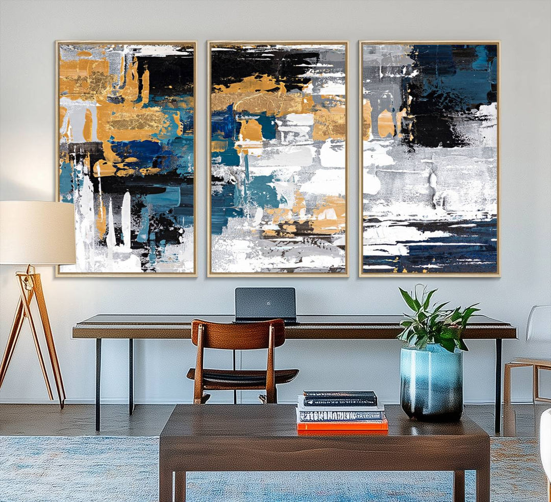 Blue and Gold Abstract Canvas Wall Art hangs prominently.