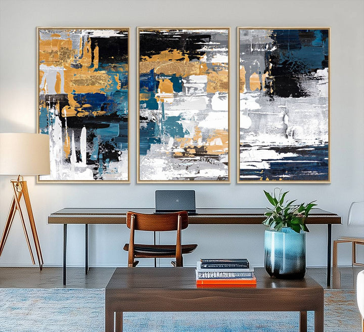 Blue and Gold Abstract Canvas Wall Art hangs prominently.