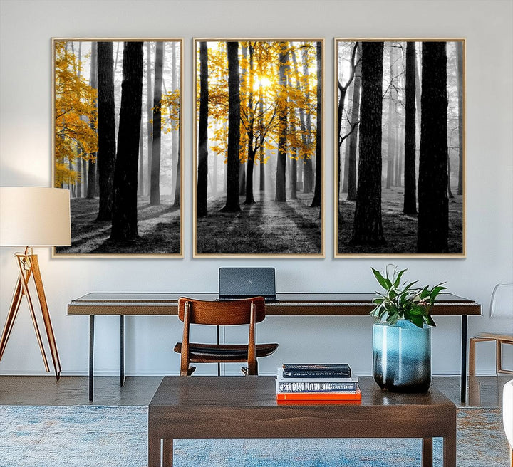 Nature Misty Foggy Autumn Forest Wall Art Print displayed above a modern dining room.