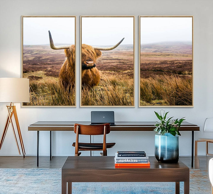 A ready-to-hang Scottish Highland Cow Cattle Canvas Wall Art.