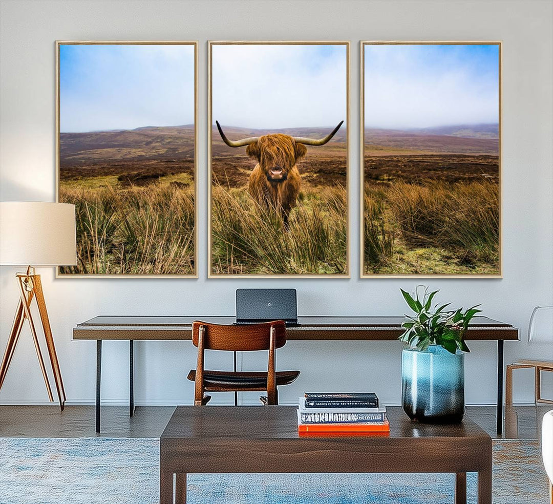 A Scottish Highland Cow art print canvas with UV-protection adorns the wall, preserving vivid details.