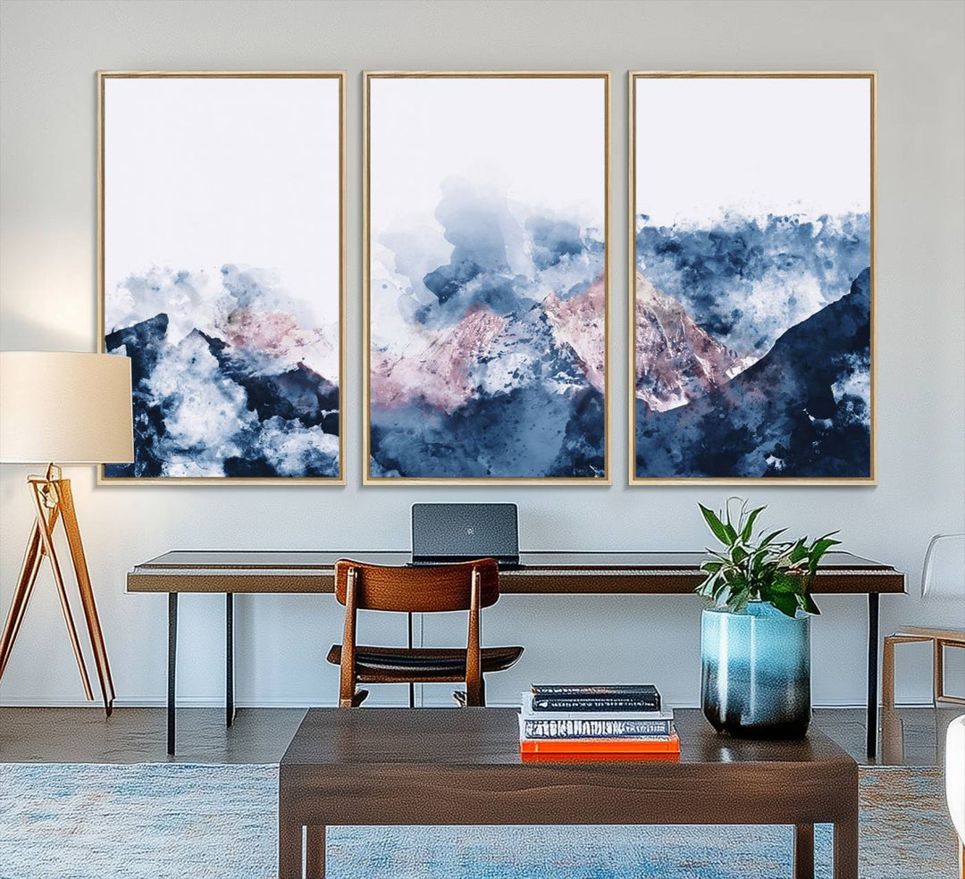 A modern kitchen showcases an Abstract Watercolor Mountain Landscape Art Canvas Print.