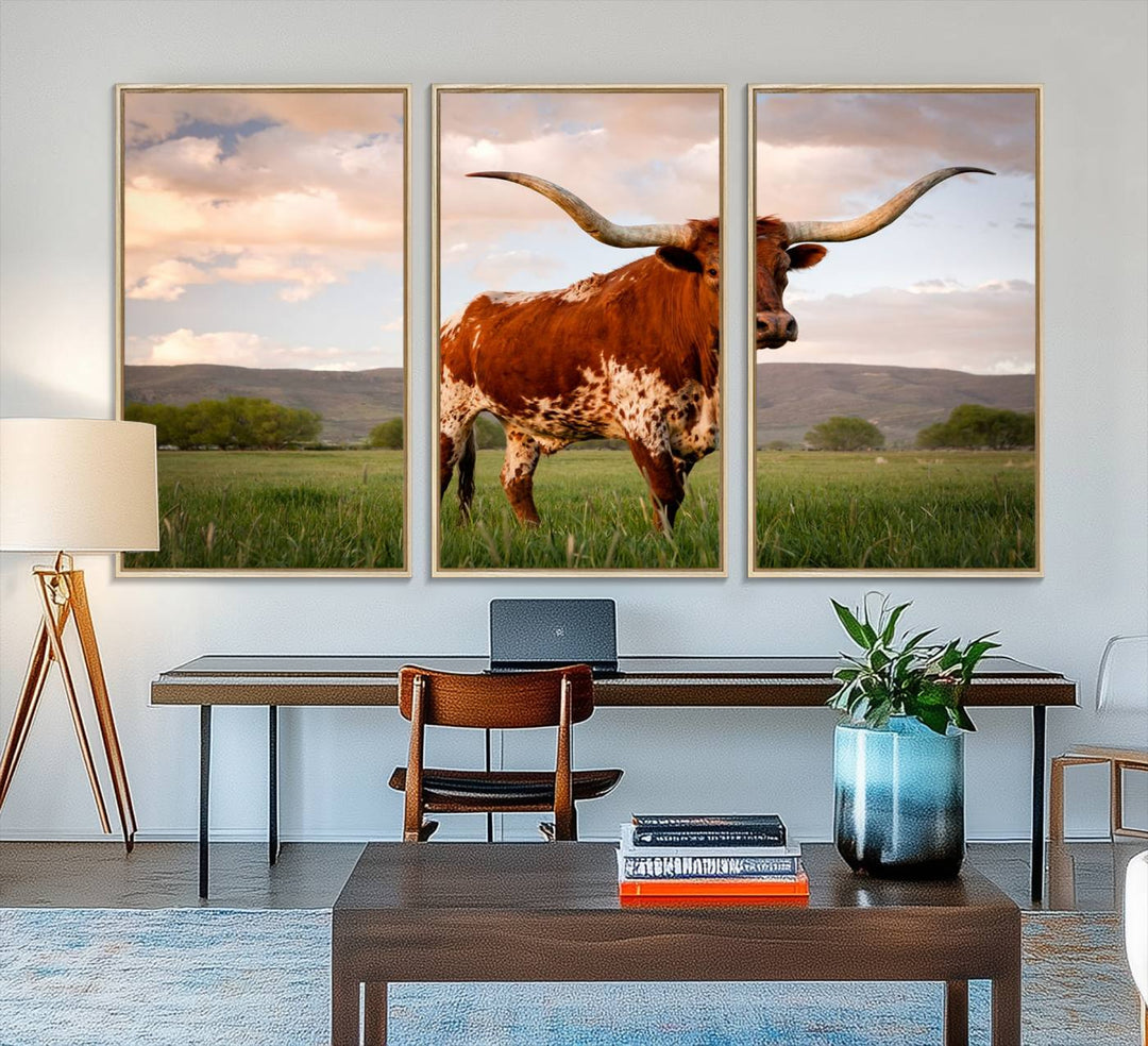 The Texas Cow Canvas Wall Art print captures a longhorn cow at sunset and is ready to hang.