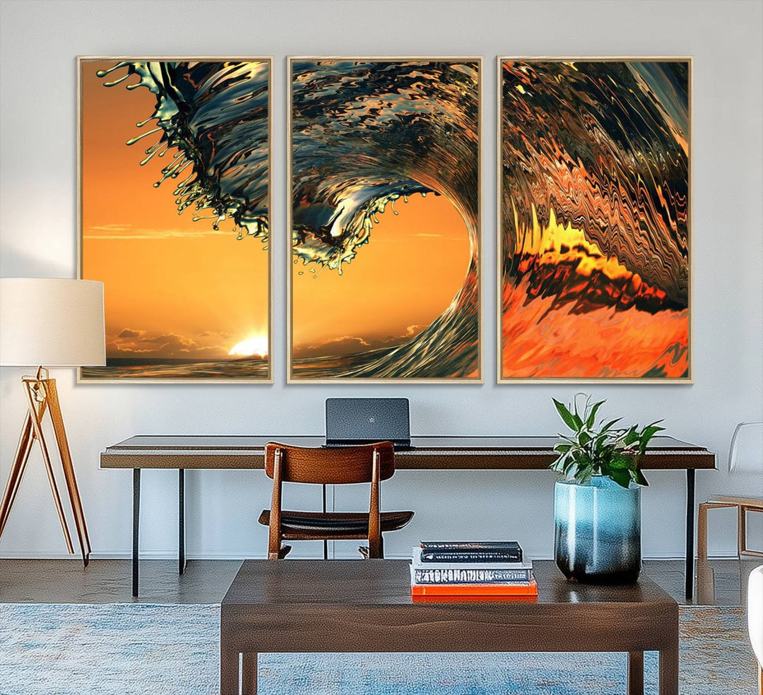 The Ocean Wave With Perfect Sunset canvas wall art adds a striking focal point to the room.