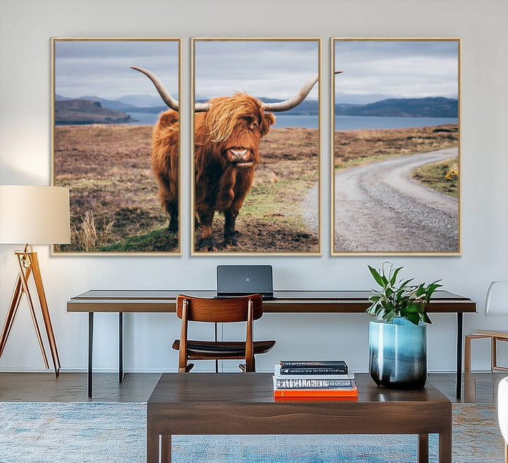 The Longhorn Highland Cow Canvas Wall Art is prominently displayed.