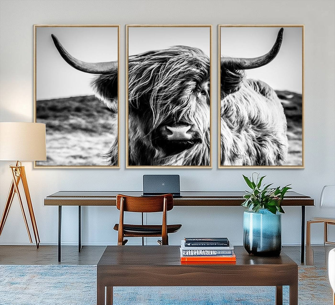 A Black and White Scottish Cow Canvas Print adorns the kitchen wall, perfect for farmhouse decor.