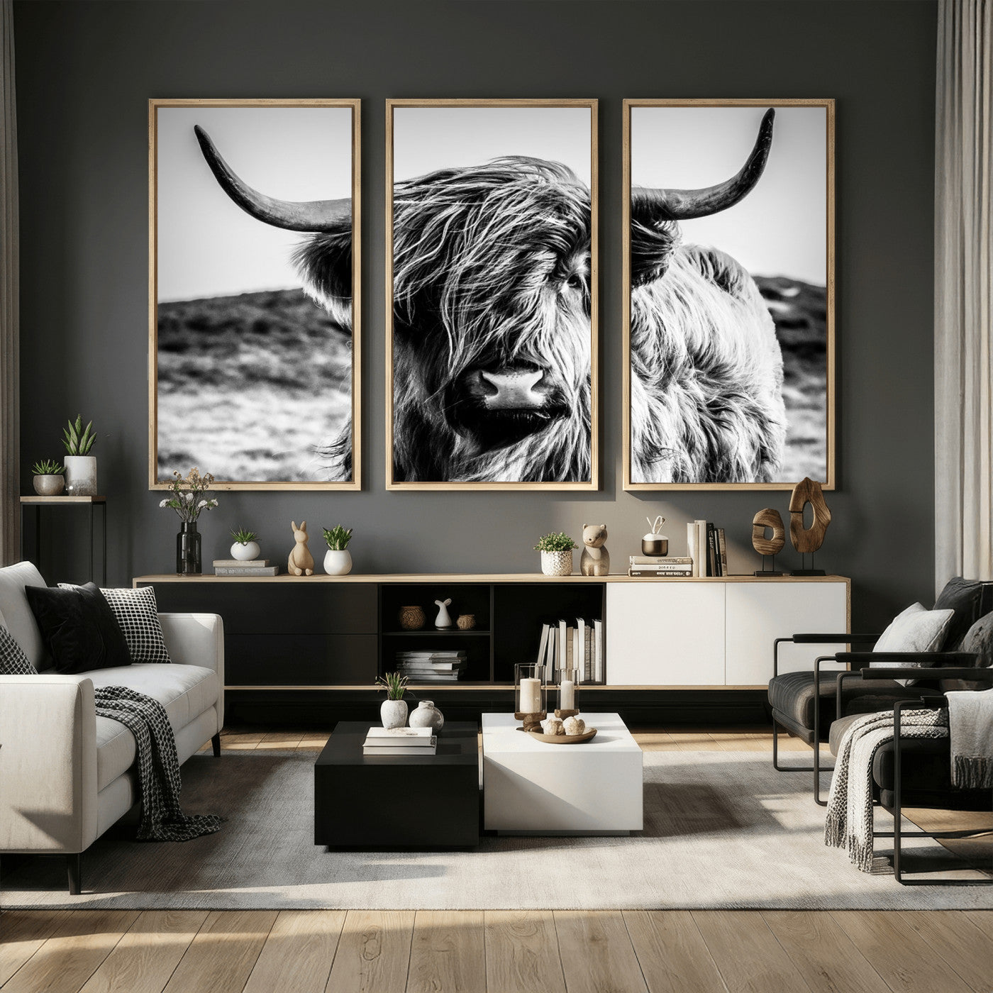 54309-MGV-CV-36X24 - Black and White Scottish Cow Canvas Wall Art Highland Cattle Canvas Print Framed Ready to Hang Original Cotton Canvas High Quality Image Multi Panel Wall Art Printable Artwork for Walls