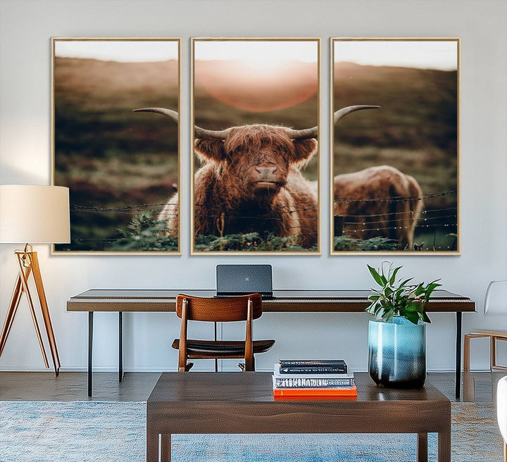 A Highland Cow Animal Canvas Wall Art, featuring a grassy field, is displayed on the wall.