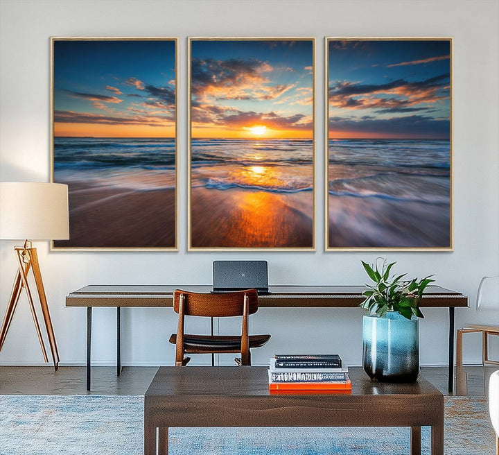 A museum-quality Beautiful Sunset over the Horizon canvas adorns the living room wall.