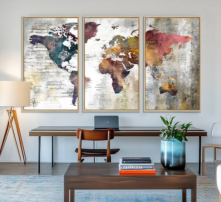 The World Map Wall Art Triptych: a 3-panel canvas featuring a vintage map.