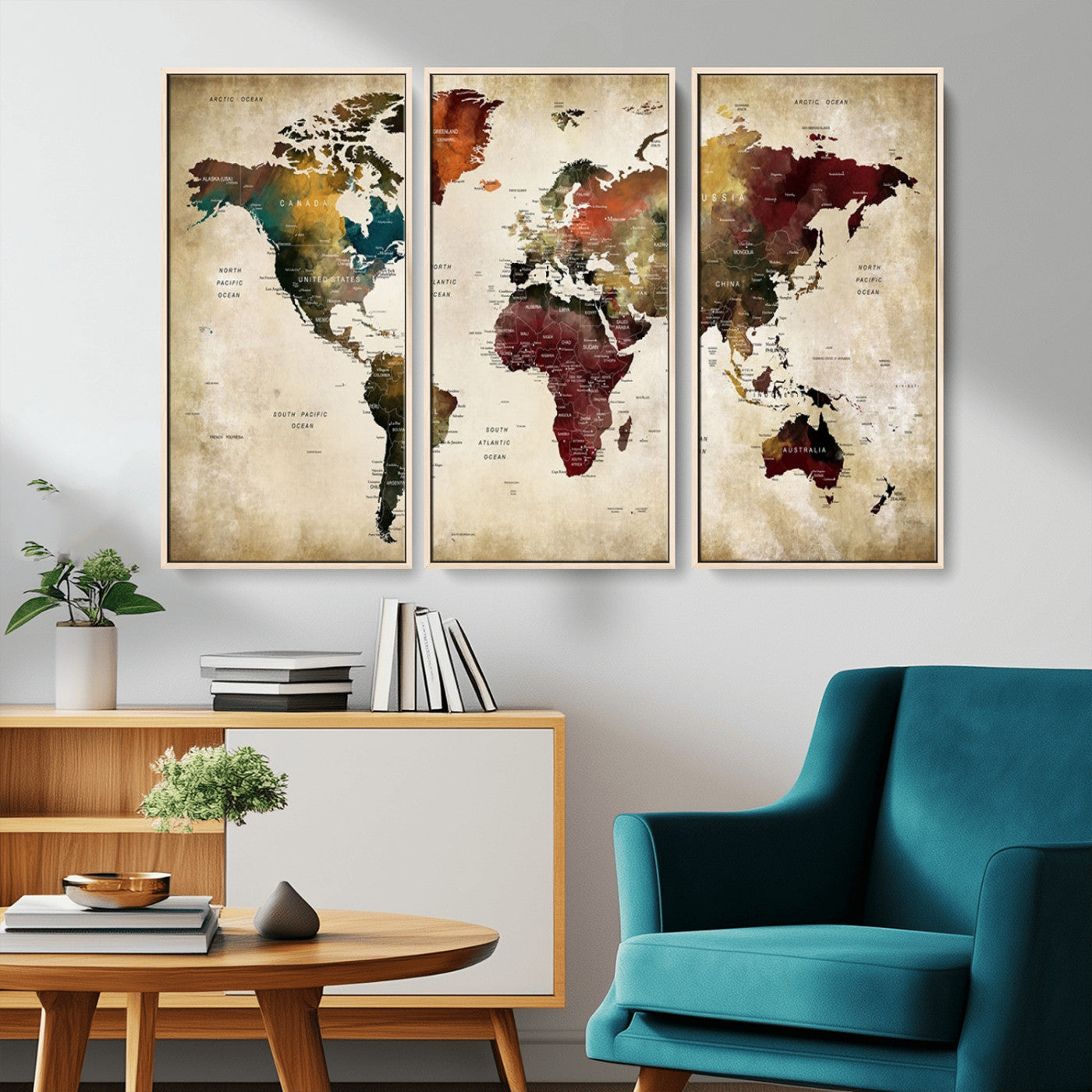 MGV-FC-48X32-3P - Large World Map Wall Art Canvas Print, Framed Push Pin Map Art Picture Print, Abstract Traveller Map Perfect Modern Decor Artwork